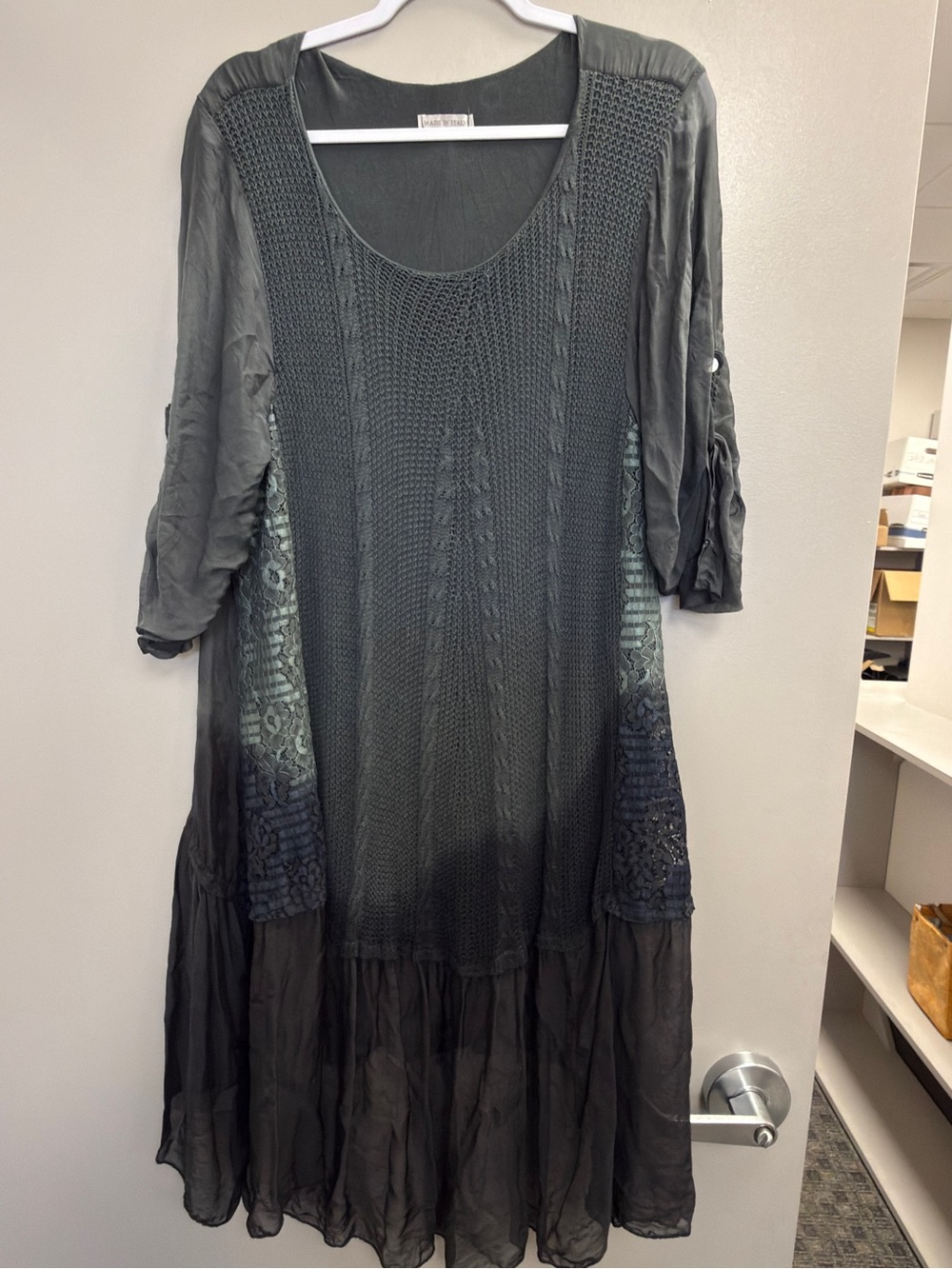 Made in Italy Black Boho Dress Silk Blend Lace Panel Tiered Midi Dress